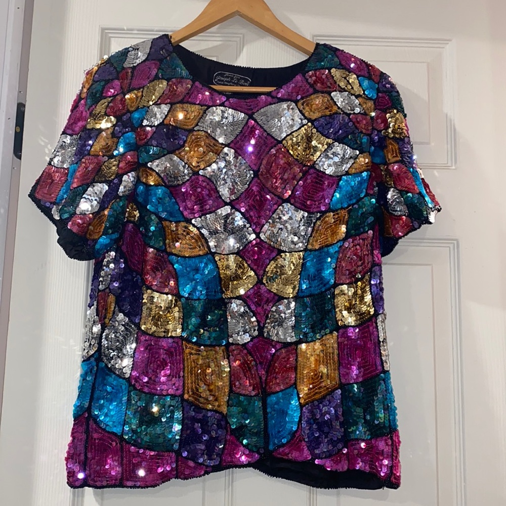 Vintage Multicolored Joseph Le Bon Sequined Silk short-sleeve. Size S